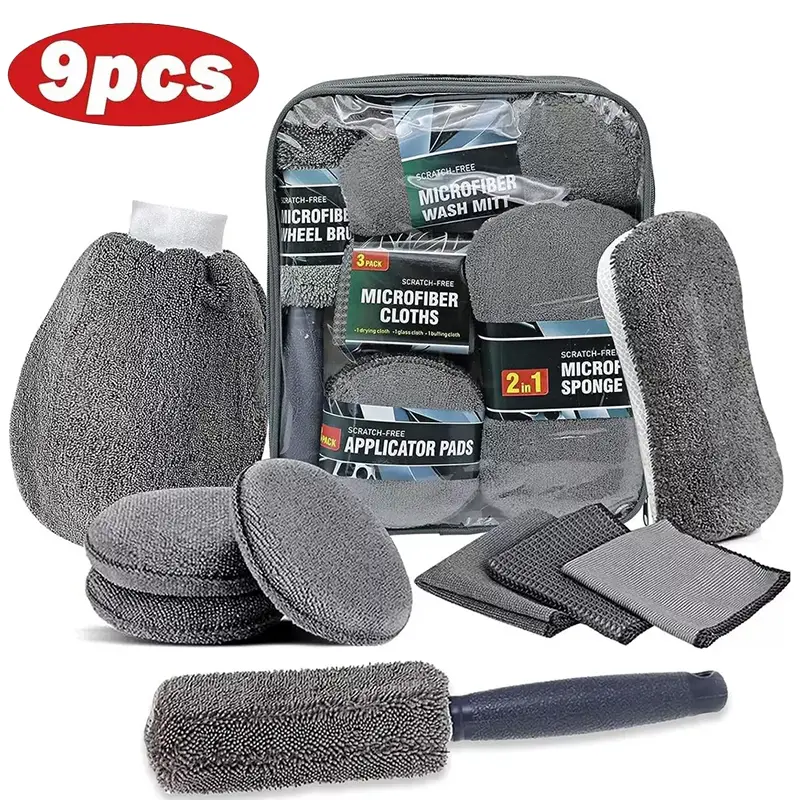 9PCS Car Cleaning Kit, No-Scratch Auto Detailing Tools Set with Wash Mitt, Large Sponge, Wheel Brush, Wax Applicator Pads and Microfiber Towels for Car Interior and Exterior Care (Gray)																	