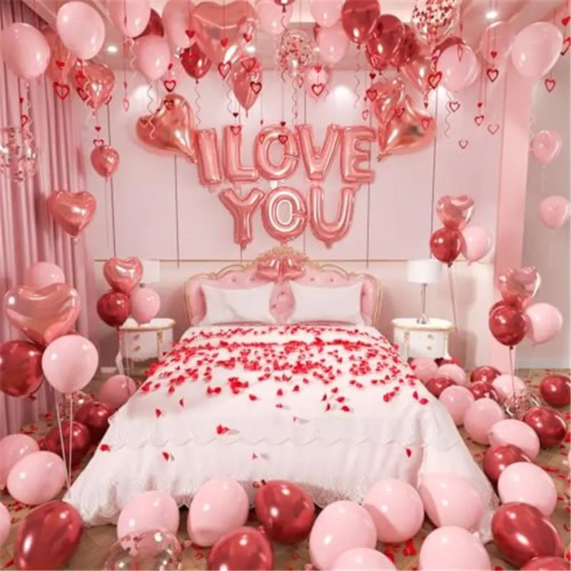 Valentines Day Balloons Garland Arch Kit, Rose Gold Pink Heart I love You Balloons Rose Petals for Galentine's Day Birthday Wedding Anniversary Engagement Valentines Party Decor Special Night