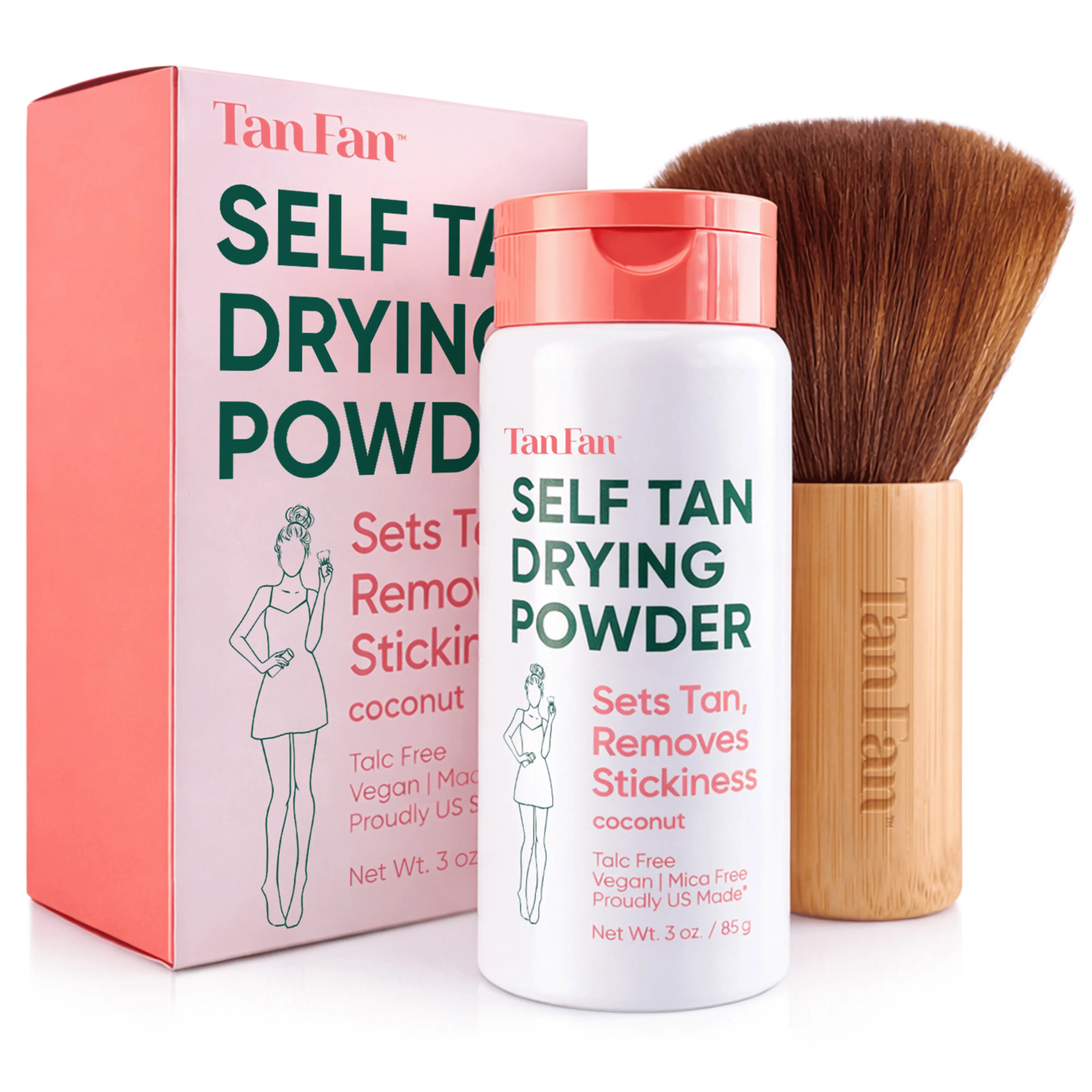 Self Tan Drying Powder Kit – Eliminates Sticky Self Tanner Feel – 100% Vegan Natural Talc-Free Light – Sets Sunless Tanner for Smooth Silky Skin w Eco-Bamboo Brush – USA Made (Coconut 3oz Setting Powder)