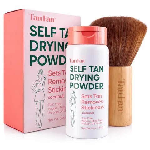 Self Tan Drying Powder Kit – Eliminates Sticky Self Tanner Feel – 100% Vegan Natural Talc-Free Light – Sets Sunless Tanner for Smooth Silky Skin w Eco-Bamboo Brush – USA Made (Coconut 3oz Setting Powder)