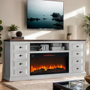 Farmhouse Fireplace TV Stand for 80'' Tvs with 36'' Fireplace, 31'' Tall Media Entertainment Center w/Drawer, Large Tv Console Cabinet for Living Room w/Adjustable Flame, Antique White