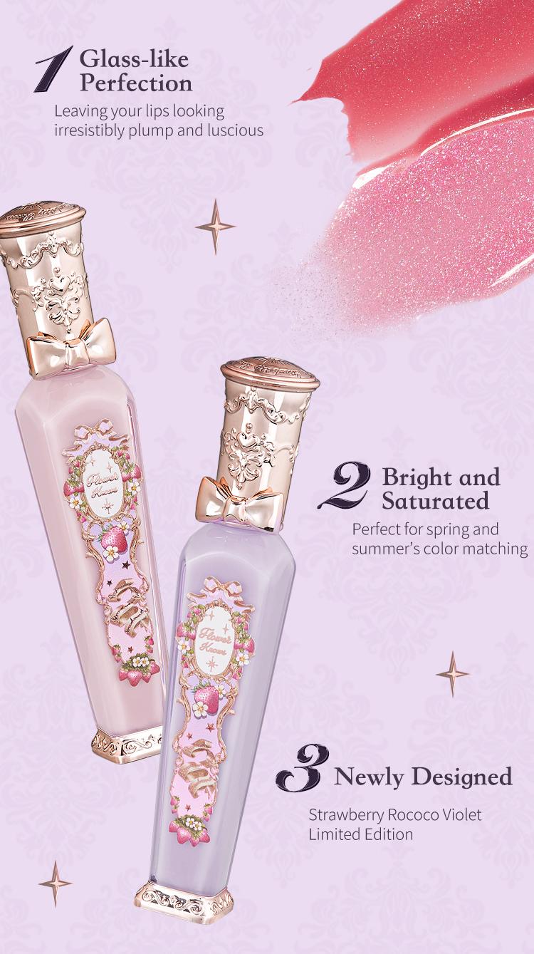 Flower Knows Violet Strawberry Rococo Collection Glowy Lip Gloss, lipstick, makeup,glossy, blurring lips, weightless, dealsforyoudays