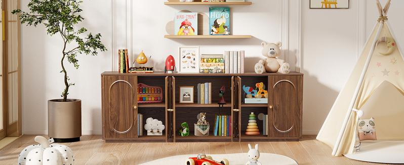 Giratree 63'' Fluted Sideboard Buffet Cabinet with Storage and 6 Doors, Low Storage Cabinet Modern Wooden Accent Credenza Console Table for Kitchen Dining Living Room Entryway