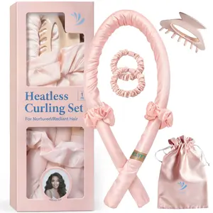 Heatless Curling Overnight Hair Curlers Heatless Hair Curler To Sleep, Heat Free Curls Overnight, No Heat Curls Overnight - Frizz-Free, Soft Curls - For All Hair Types - Pink Satin Flexi Rod with 6pcs Heatless Curling Set