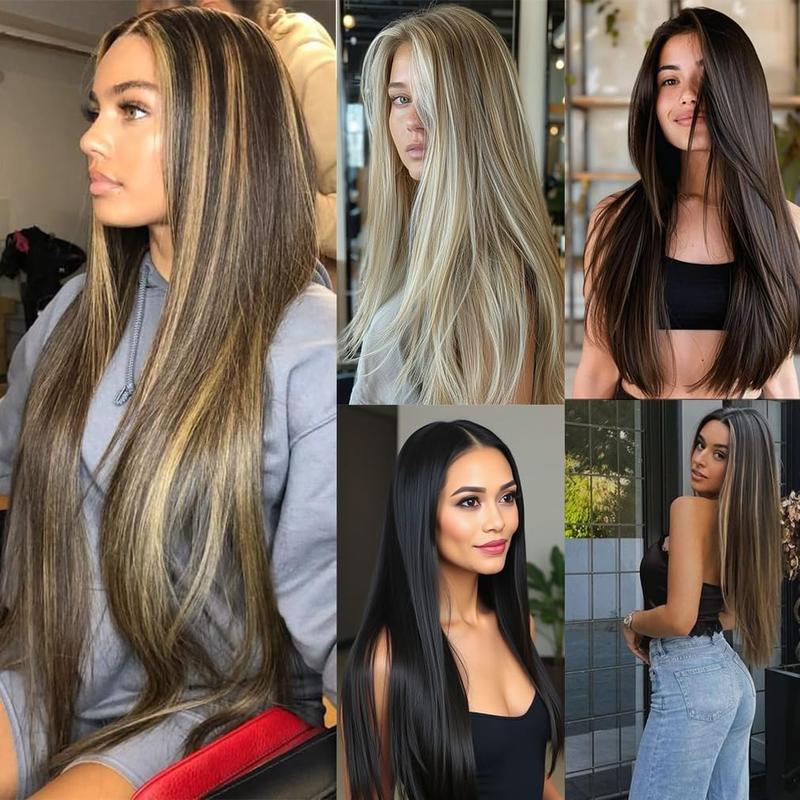 Clip in Hair Extensions Straight 24 Inch Long Invisible Synthetic Extension 6PCS Thick Fake Heat Resistant Clips on Hairpieces for Women Weddings Party Daily Use 5.29 Oz full head coverage instant volume synthetic hairpiece