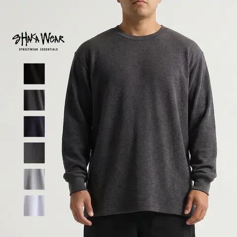 Shaka Wear Heavyweight Menswear Round Neck Thermal Men's 9.0oz Long Sleeve Undershirt - 18 Singles Yarn, 50% USA Cotton/50% Polyester, 1" Rib Neck Fit, Ribbed Cuffs, Double Stitched Hem, Overall Chic All Seasons Wear