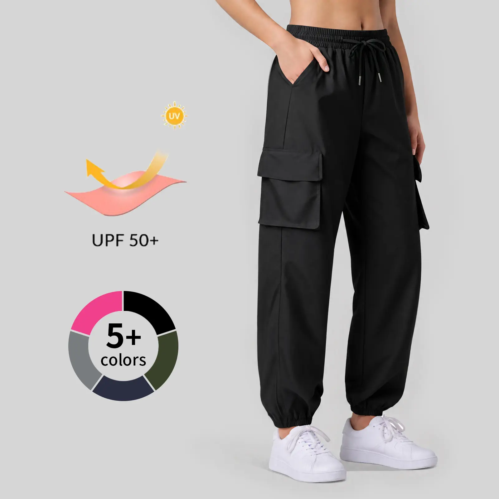 JEKAOYI Women's High-Waist Drawstring Fitted Lightweight Waterproof UV-Protective Cargo Joggers with Pockets #TikTokShopSpringGlowUp, Cargo Pants Vibes,clothes for back to school,first day of school outfits