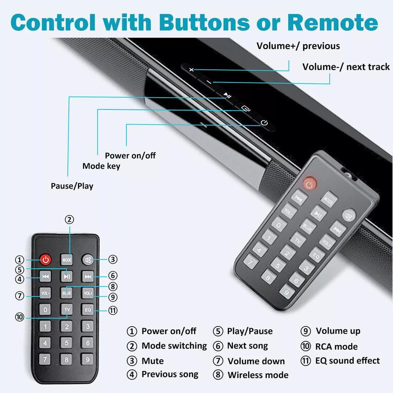 Bluetooth Surround Soundbar Speaker for Smart TV Home Theater Wireless Rechargeable Sound Bar with RCA Cable Remote Control FM Radio 20W Full-Range Drivers Bluetooth Surround Soundbar Speaker for Smart TV Home Theater Wireless Rechargeable Sound Bar with RCA Cable Remote Control FM Radio 20W Full-Range Drivers