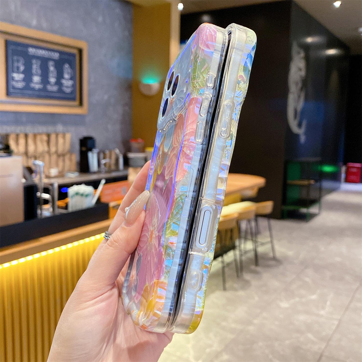 Colorful Retro Oil Painting Flower Pattern Compatible with iPhone 17 Pro Max/ 16/15/ 14/13,Pretty Glossy Pattern Wave Cover Cute Sparkly Floral TPU Protective Case for Women and Girl