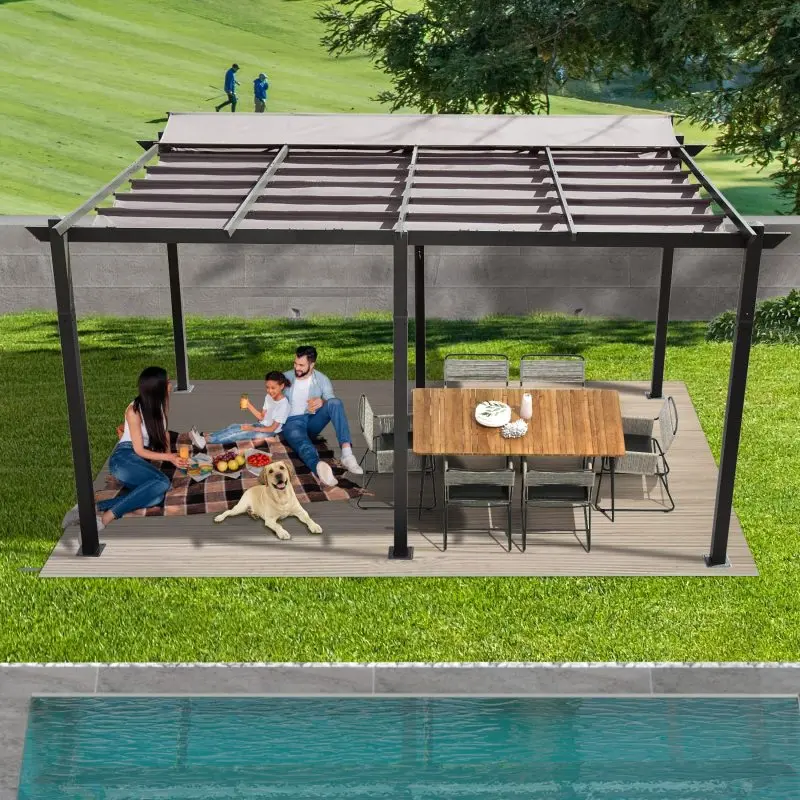 11x16 FT Sturdy Aluminum Alloy Rectangular Outdoor Retractable Pergola - Retractable Polyester Canopy, Waterproof, Rustproof, Powder-Coated Poles, Dark Gray, 129.80 lbs, Assembly Required for Lawn, Outdoor Dining Entertainment