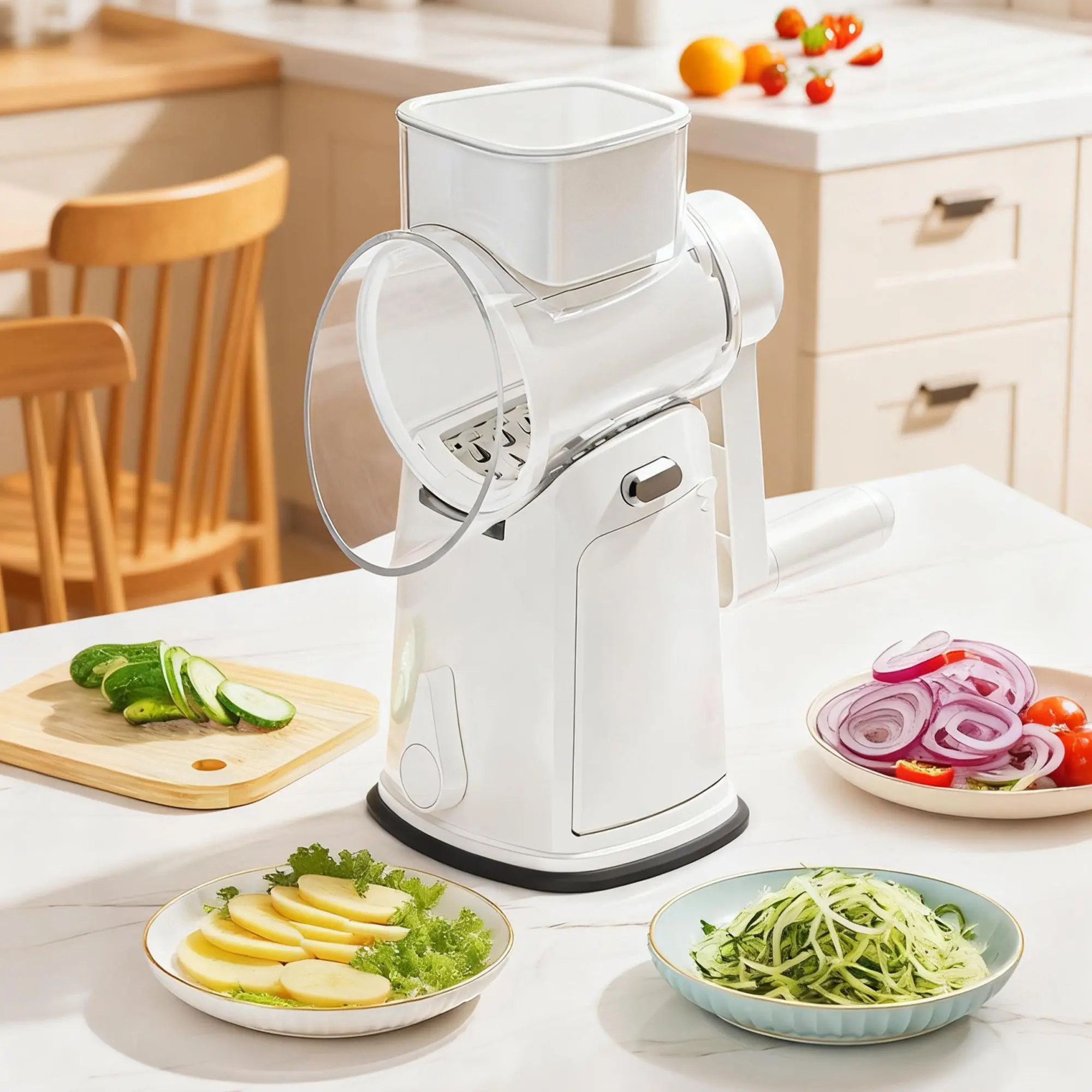 10-in-1 Multifunctional Vegetable Chopper - Hand Crank Mandoline Slicer for Meal Prep, 9cm Wide Mouth, Thick Silicone Strong Suction Base, Detachable Washable Cheese Grater Shredder, ABS Plastic, Blade Swap, Thoughtful Hidden Storage Compartment