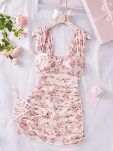 Romantic Pink Floral Mesh Chemise Set – Ruched Bodycon Slip Dress with Matching Thong – Soft Rose Print Sleepwear Lingerie lace nightdress