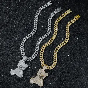 European and American New Personalized Men's Hip Hop Style Full Diamond Cuban Chain Animal Bear Pendant Sweater Chain Necklace