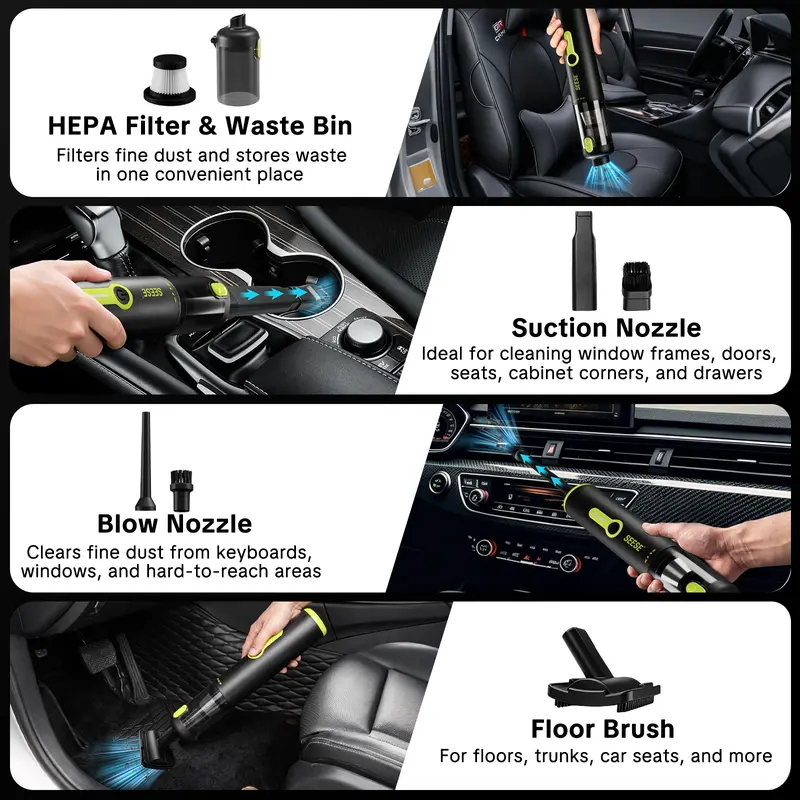 SEESE Car Vacuum Portable Cordless, 20000Pa 2 in 1 Vacuum Cleaner&Air Duster, 100W Brushless Motor Handheld Vacuum Cordless with 6000mAh Battery, Multi-Nozzles for Car, Home, Office, Pet toolupgrade
