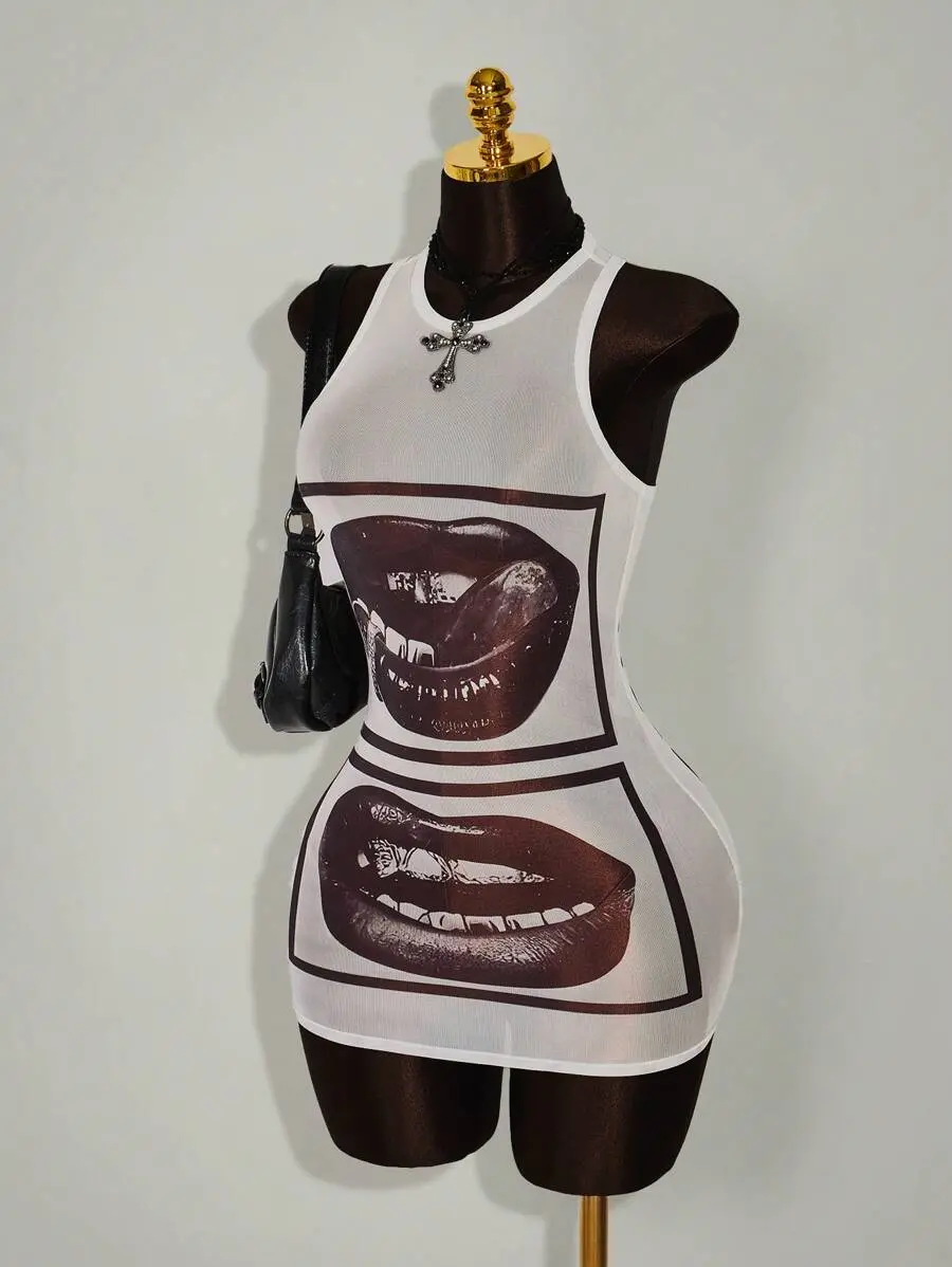 Glamine Gyaru Style  Rave Outfits Festival Rave Outfits Festival Lip Print Sheer Bodycon Mini Dress