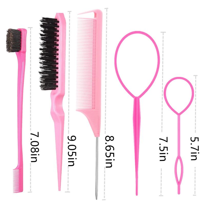 5Pcs Slick Back Brush Set with Topsy Tail Tool, Teasing Bristle, Rat Comb for Women & Girls Hair Styling, Flyaways Control and Edge Combing - Pink