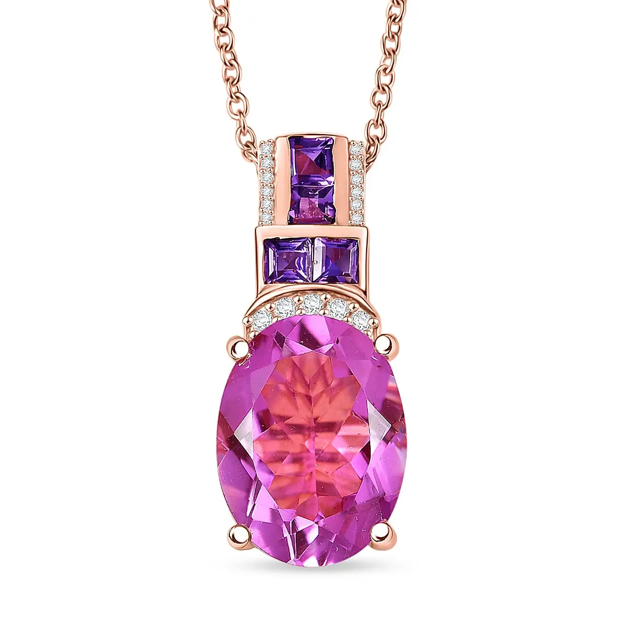 African Lilac Quartz (Triplet) and Multi Gemstone 10.20 ctw Empress Rose Pendant in 18K Rose Gold Plated with Stainless Steel Necklace 20 Inches