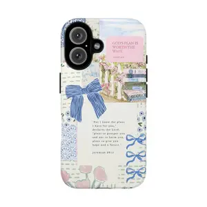 "God's Plan Is Worth The Wait" Bible Verse Shockproof Customized Cellphone Casing - Coquette Aesthetic Blue Bows, Flowers Design, Protection Accessory for iPhone 17 Pro Max,16 Plus,15,14 Plus,13,12,11,Air & Samsung Galaxy S25,S24,S23,S22,S21 Ultra