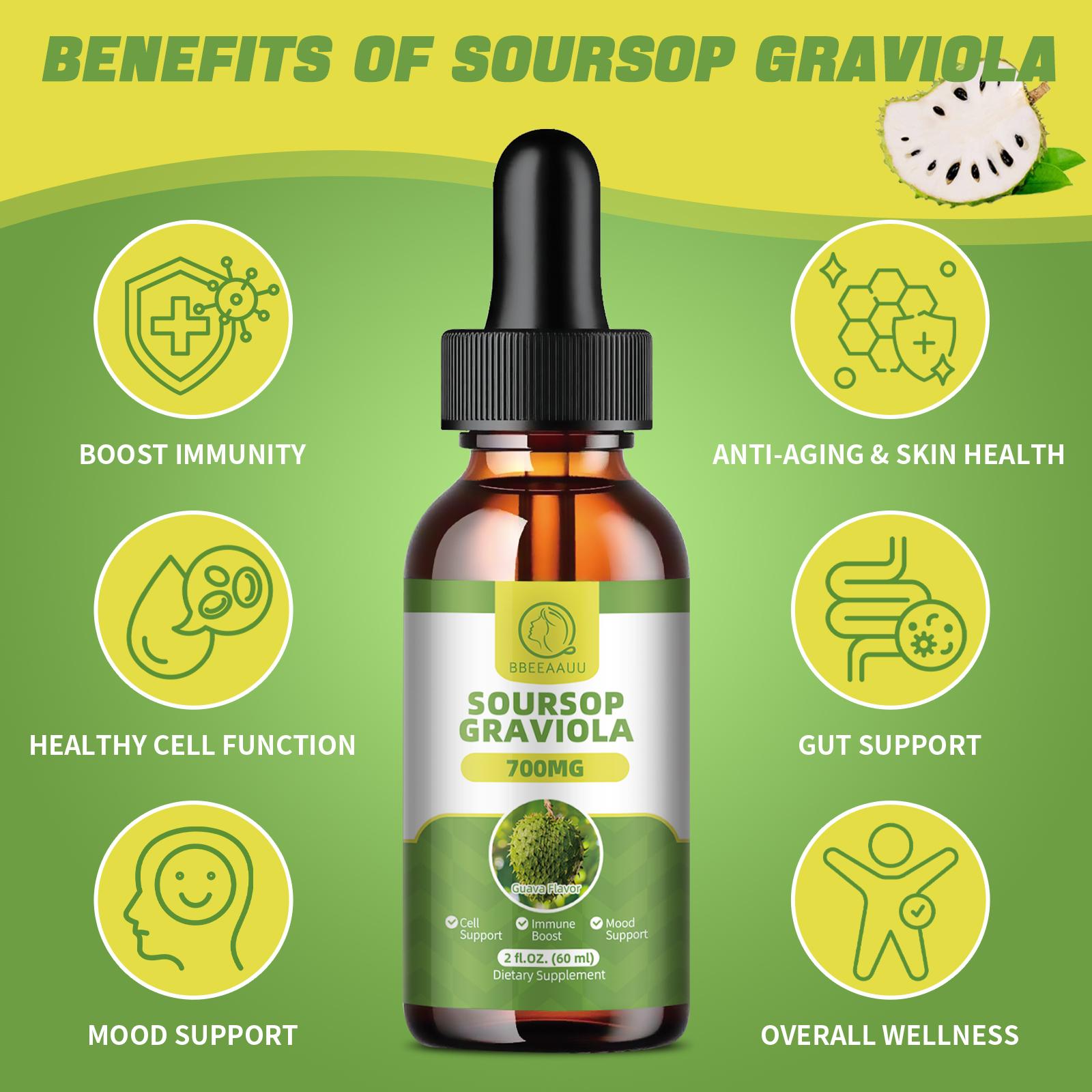 Soursop Liquid Drops, Multivitamin, 60ml, 2 Fl Oz, Bitters Liquid, Organic Soursop Leaf Extract Soursop Oil, Dietary Fiber Healthcare Supplement