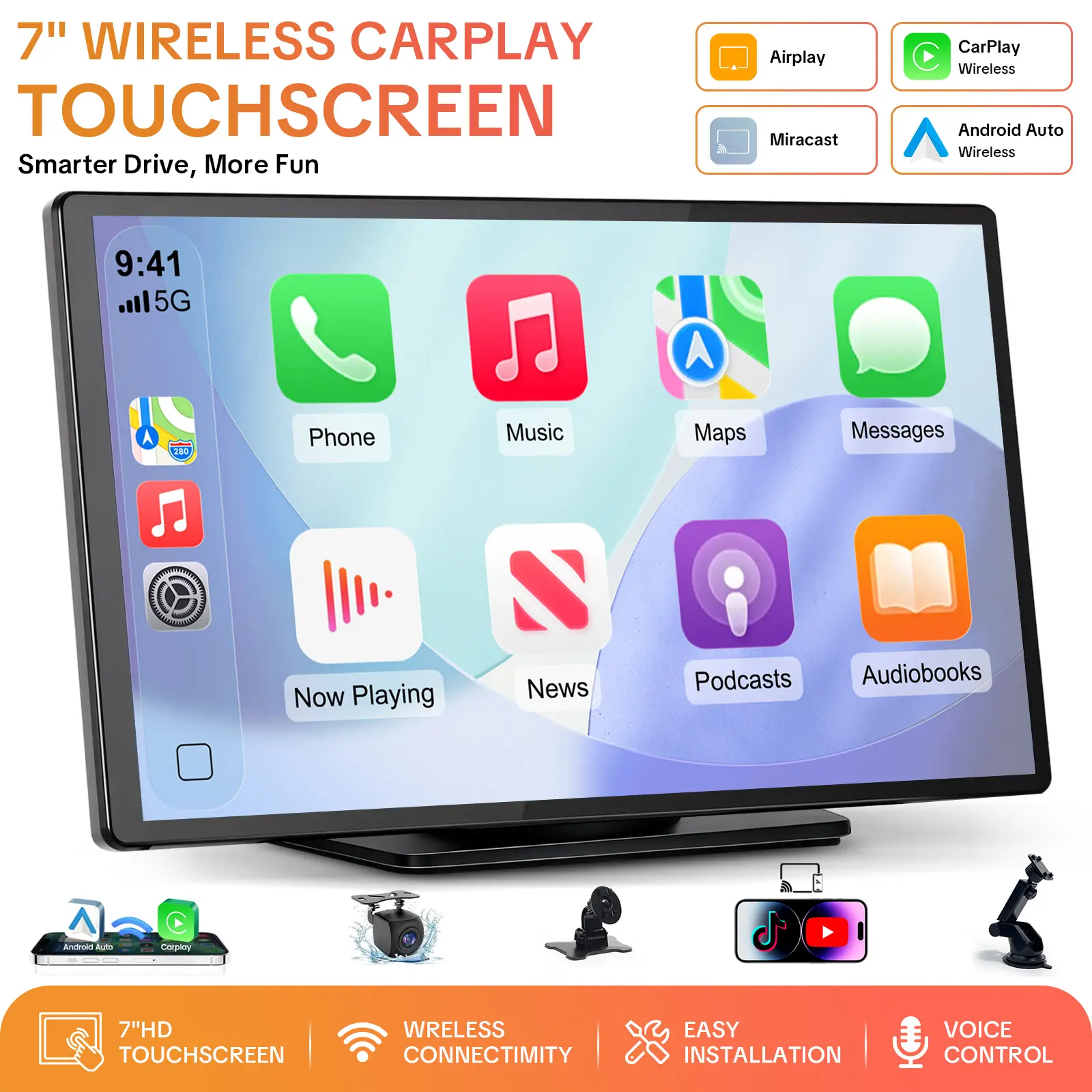 【PASLDA】Portable Wireless Carplay Car Stereo, 7" HD Touchscreen for Car with Apple CarPlay & Android Auto with Backup Camera/Mirror Link/Voice Control/Bluetooth/GPS/AUX for All Vehicles,car accessories