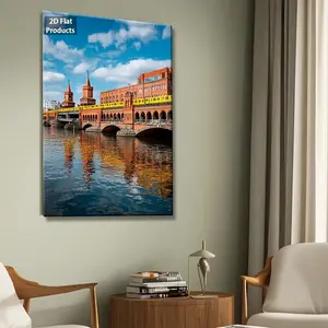 2D Flat, Berlin Bridge with Yellow Train Wall Art - Framed, Sizes Suitable for Living Room, Bedroom, Office - Retro Art Deco Decor - Picture Upload Available - New Year's Eve Party Decoration, 2D Flat	