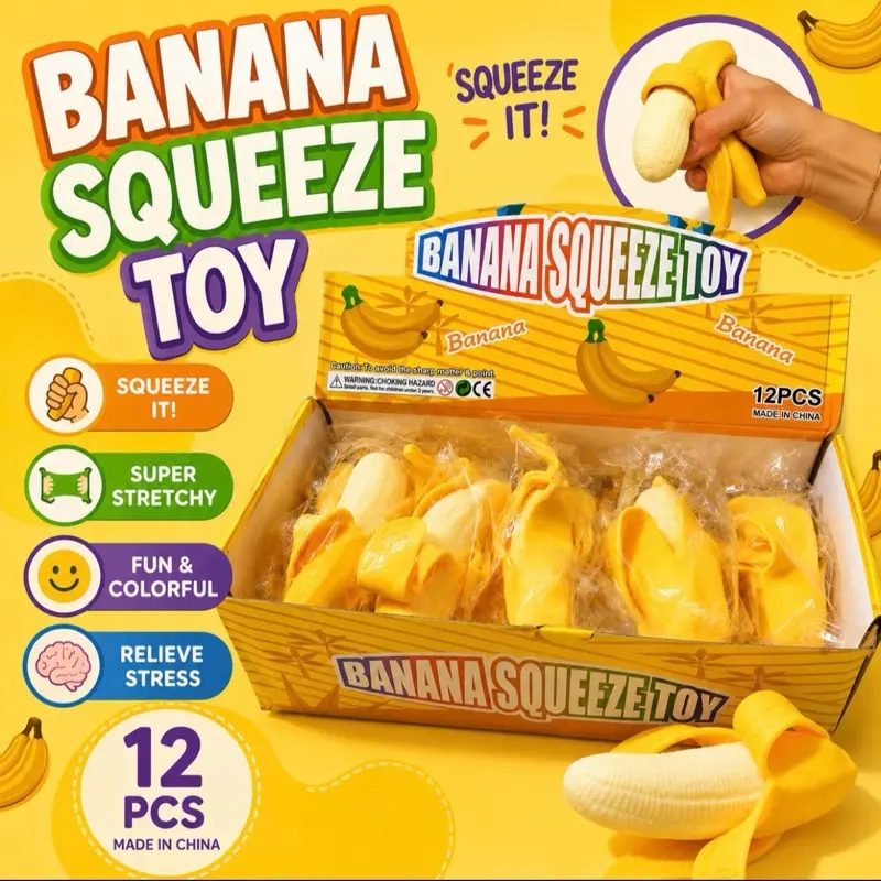 Banana Squishies Toys - 12-Piece Display, All Needohs Squishy Classic Novelty Toy, Anxiety Relief Products, Decompression Squeeze, Sensory Stress Reliever, Stress Relief Gadget, Sensory Calming Tool for Kids