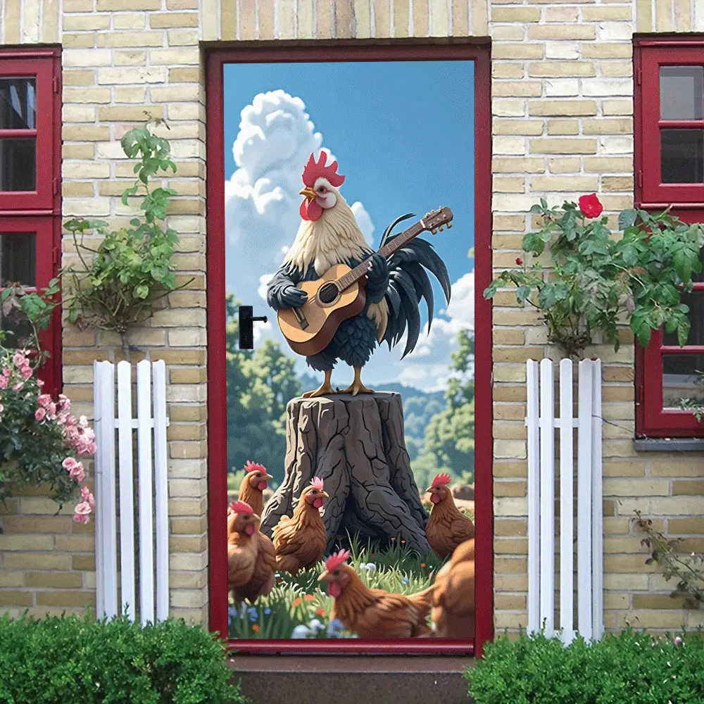 2pcs Happy Farm Cartoon Rooster Guitarist Wall Sticker Creative Animal Decorative Sticker Self Adhesive Wall Decal for Kids Room Bedroom Living Room Removable Eco Friendly Material Home Decoration Colla