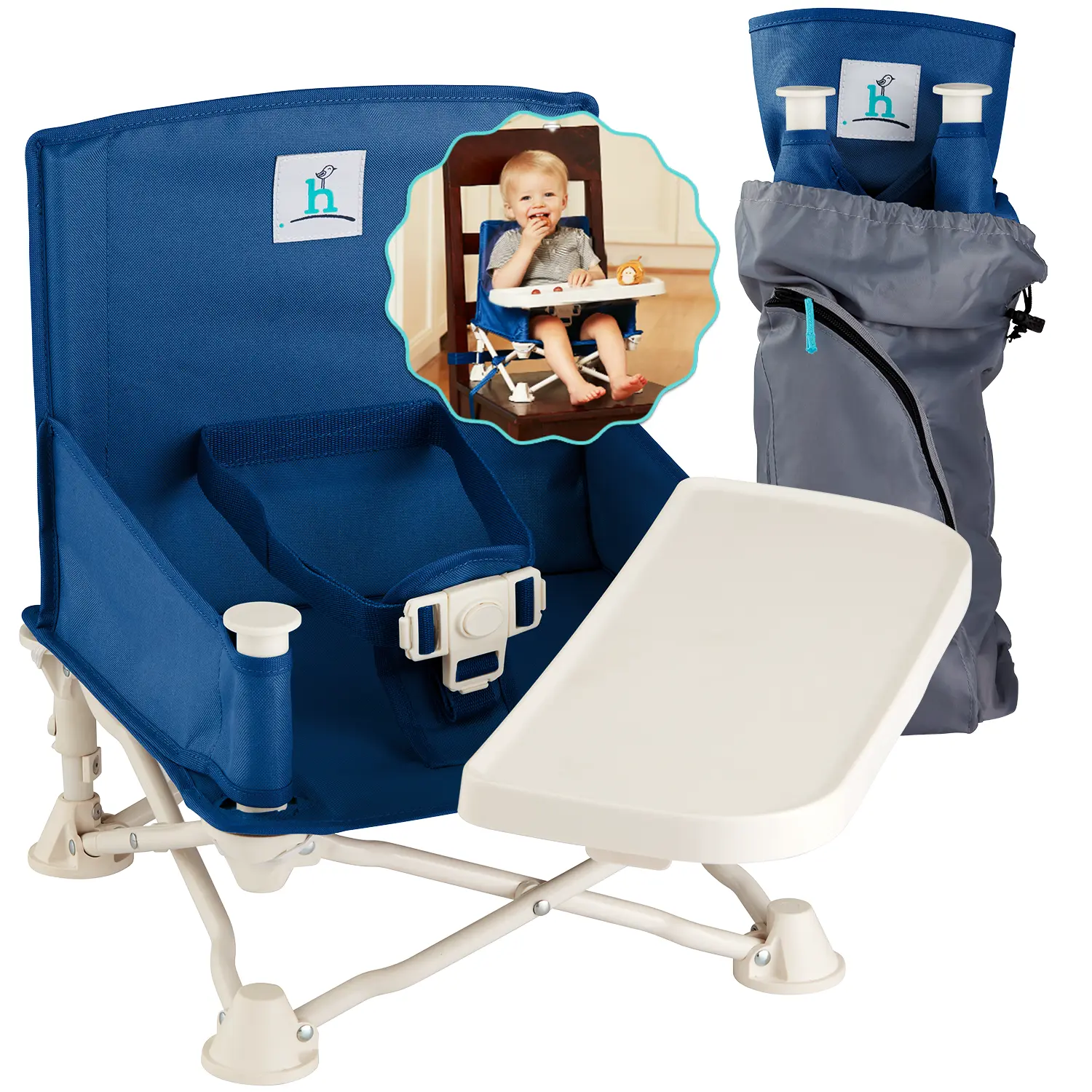 Hiccapop OmniBoost Travel Toddler Booster Seat with Tray - High Chair Foldable Infant Chair for Dining Table, Camping, Feeding Chair