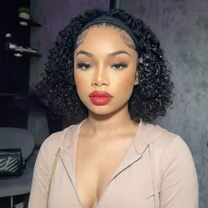 [Spring Glow Up] Ronashow Headband Wig Human Hair Deep Wave Glueless None Lace Front Wig Deep Curly Headband Wig Wear and Go Wigs for Black Women Brazilian Virgin Hair 180% Density Natural Color 8 Inch