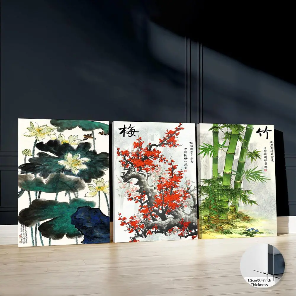 Bamboo Wall Art, 3 Counts/set Chinese Style Plum Blossoms Canvas Print Wall Painting, Natural Elegance Wall Decor, Ideal Gift for Living Room, Bedroom, Poster