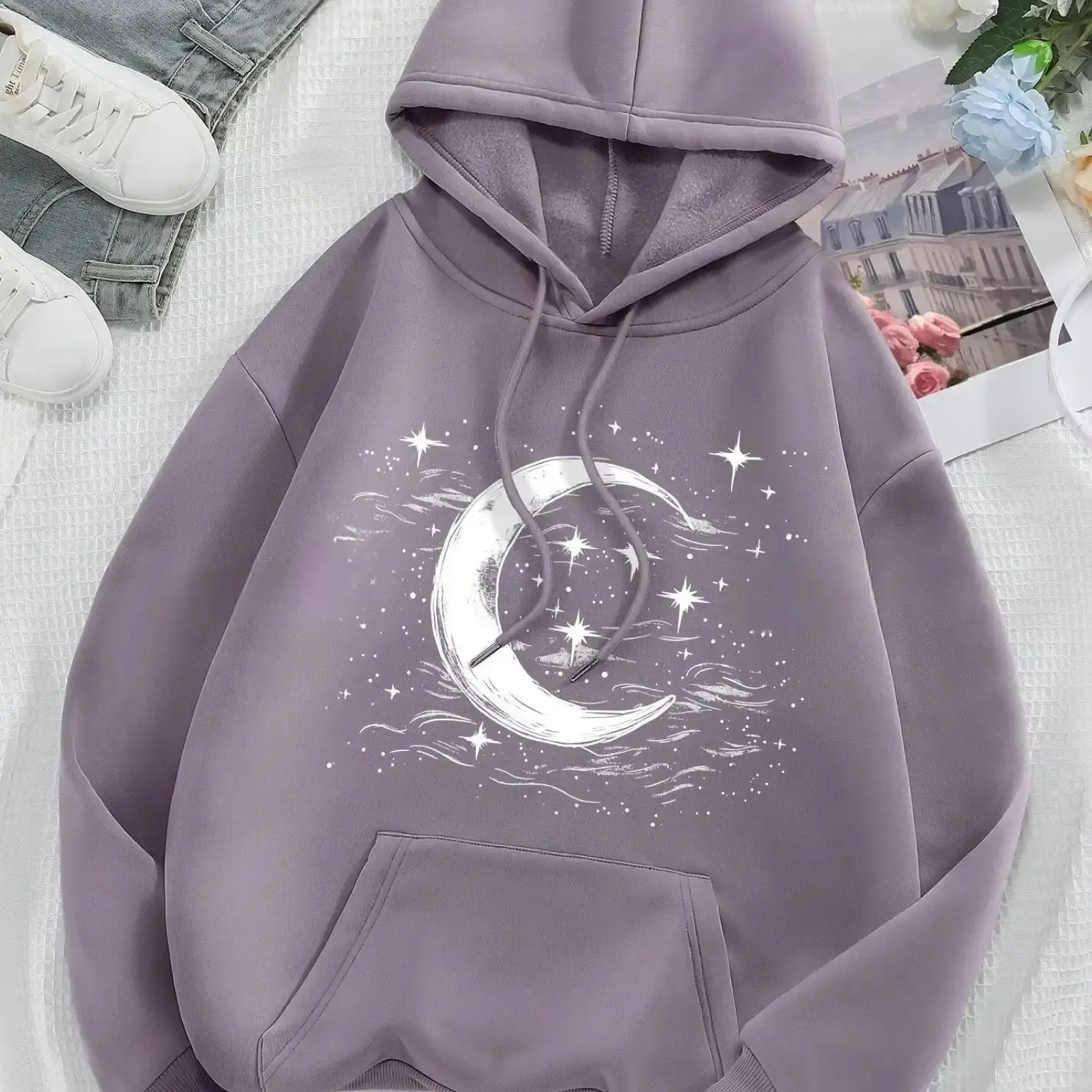 Women's Elegant Lavender Hoodie with Celestial Moon & Stars Design - Polyester, Non-Stretch, Knit Fabric |   Handwash/Dry Clean |   Cozy Winter Wear