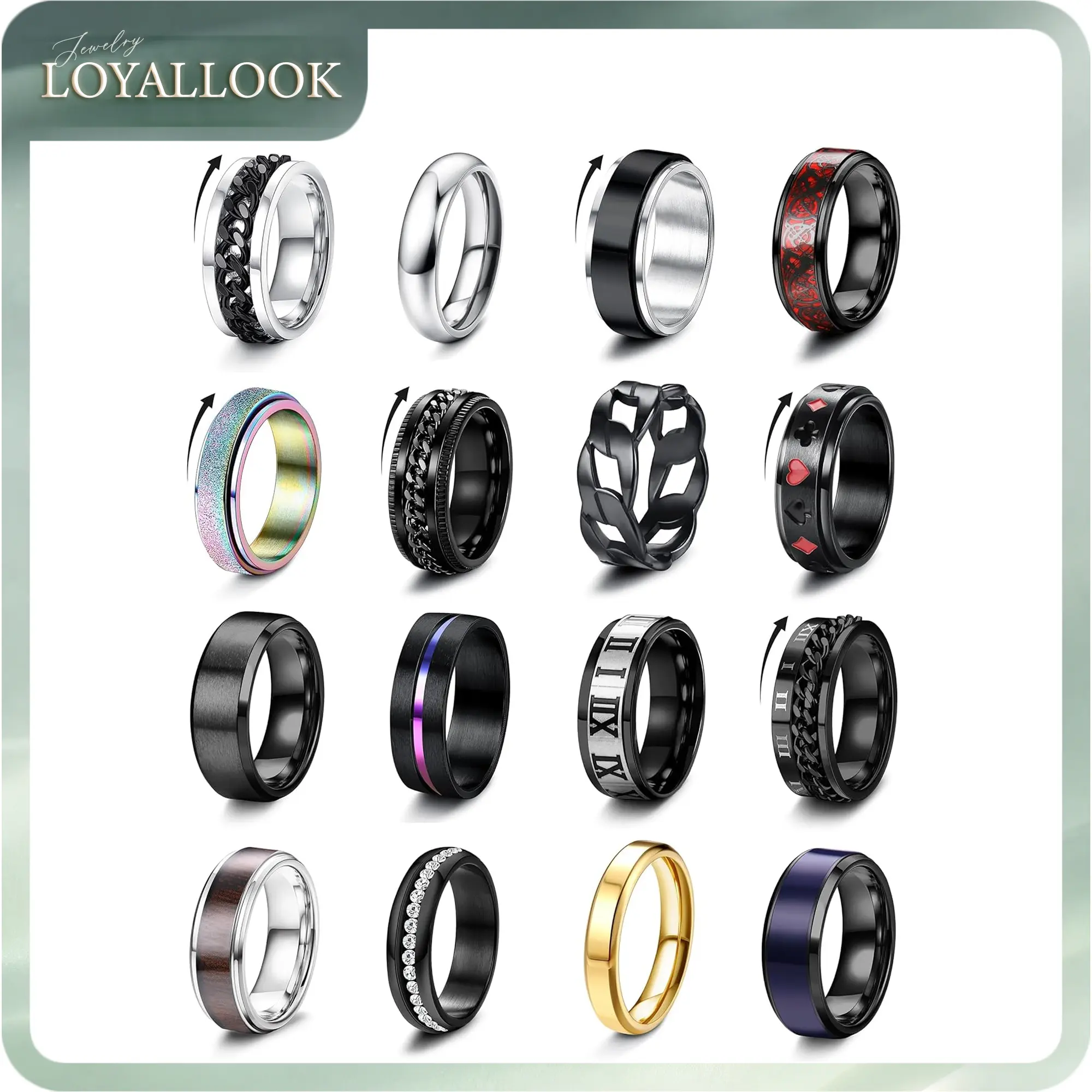 LOYALLOOK 16Pcs Stainless Steel Fidget Rings for Men Women Non Tarnish - Anxiety Relief Smooth Black Spinner Ring Set Mens Wedding Band Daily Engagement Promise Rings Jewelry Gift Comfort Fit Size 7-13
