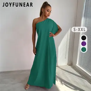 CLearance Joyfunear Women's solid color casual single shoulder slit long dress Suitable For Vacation,Summer Dresses For Women