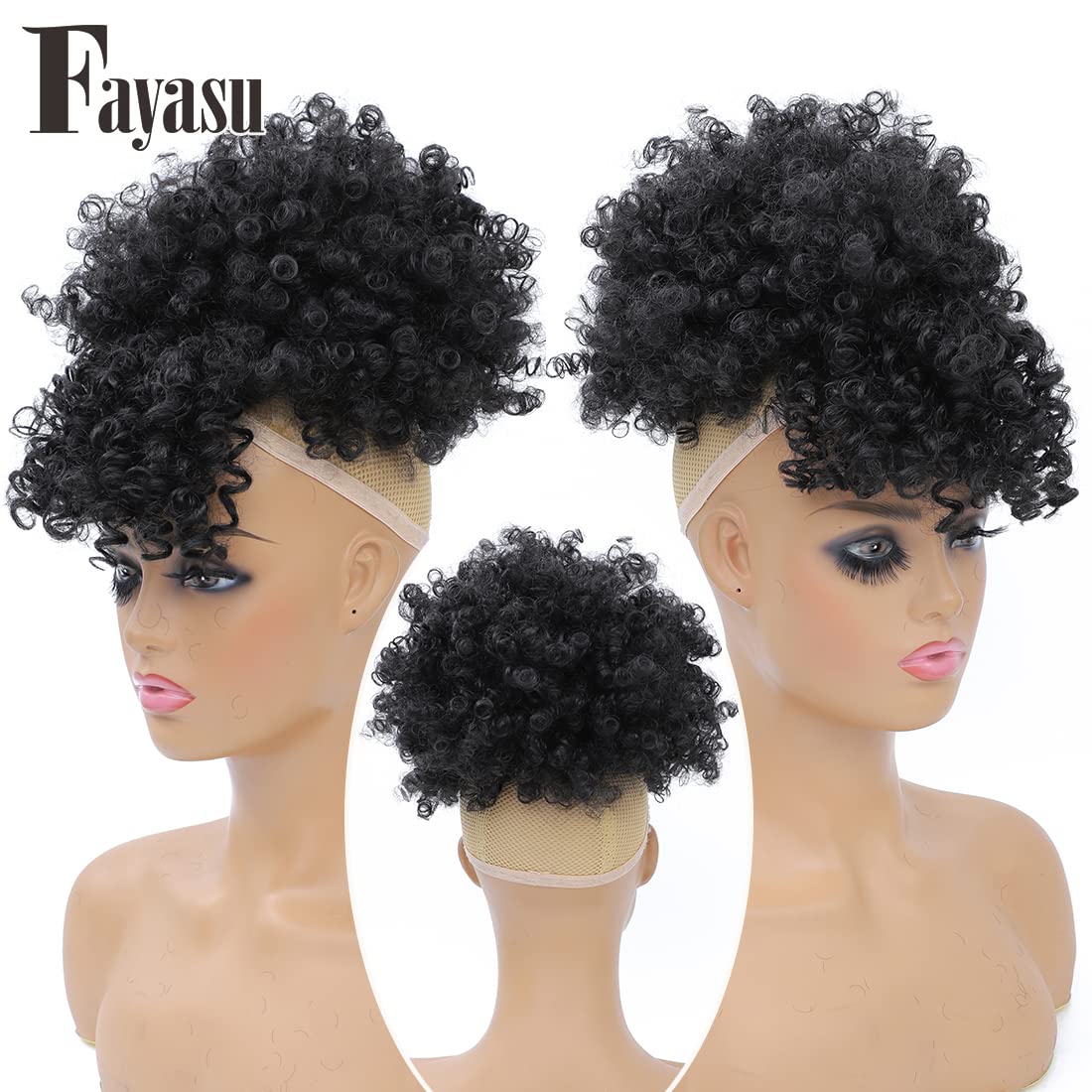 Fayasu Afro Puff Drawstring Ponytail with Bangs Short Ponytail Hair Extension Black Girl Kinky Curly Hair Clip in Bangs Updo Hairpieces for Black Women (1B)