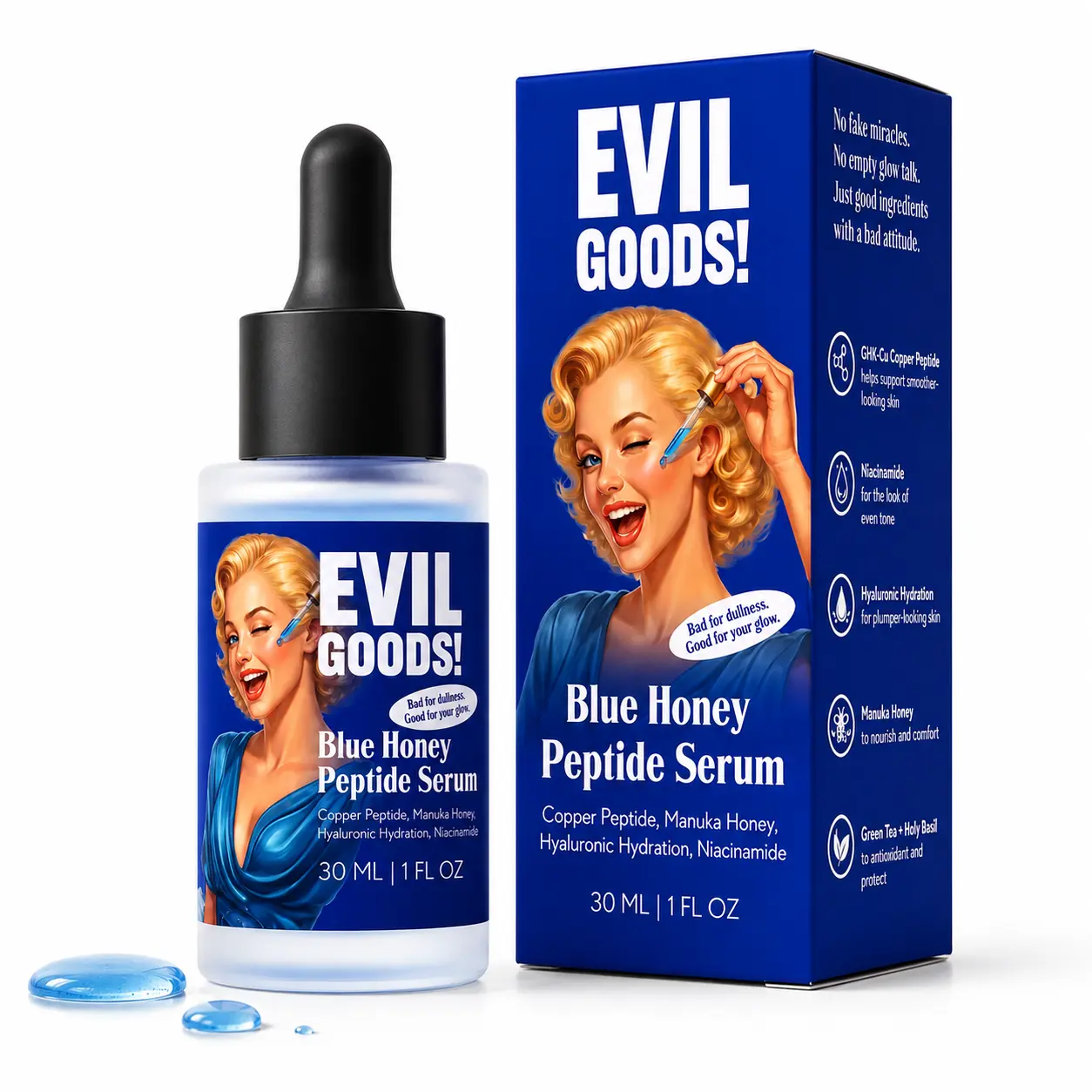 EVILGOODS Blue Honey Copper Peptide Face Serum - Daily Facial Serum for Radiant Skin with Copper Peptide, Manuka Honey & Green Tea, Morning & Evening Anti-Aging Hydration - 1 Fl Oz, Uneven Skin Tone, Gluten Free, Beauty Products, Glow Up