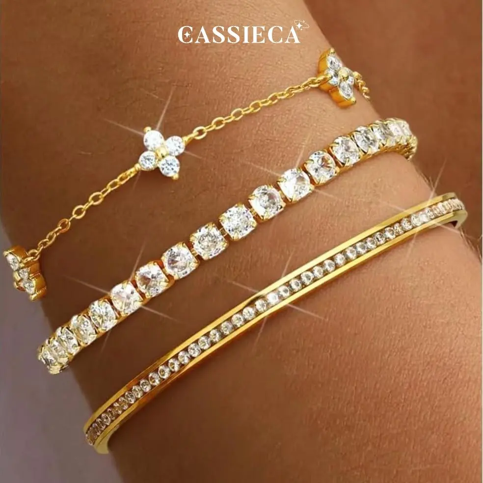 CASSIECA 3PC Stackable Bracelet Set for Women Adjustable 14K Gold-Plated & Silver Stainless Steel Tennis Bracelets with Cubic Zirconia, Fashion Accessories for Women Daily Wear