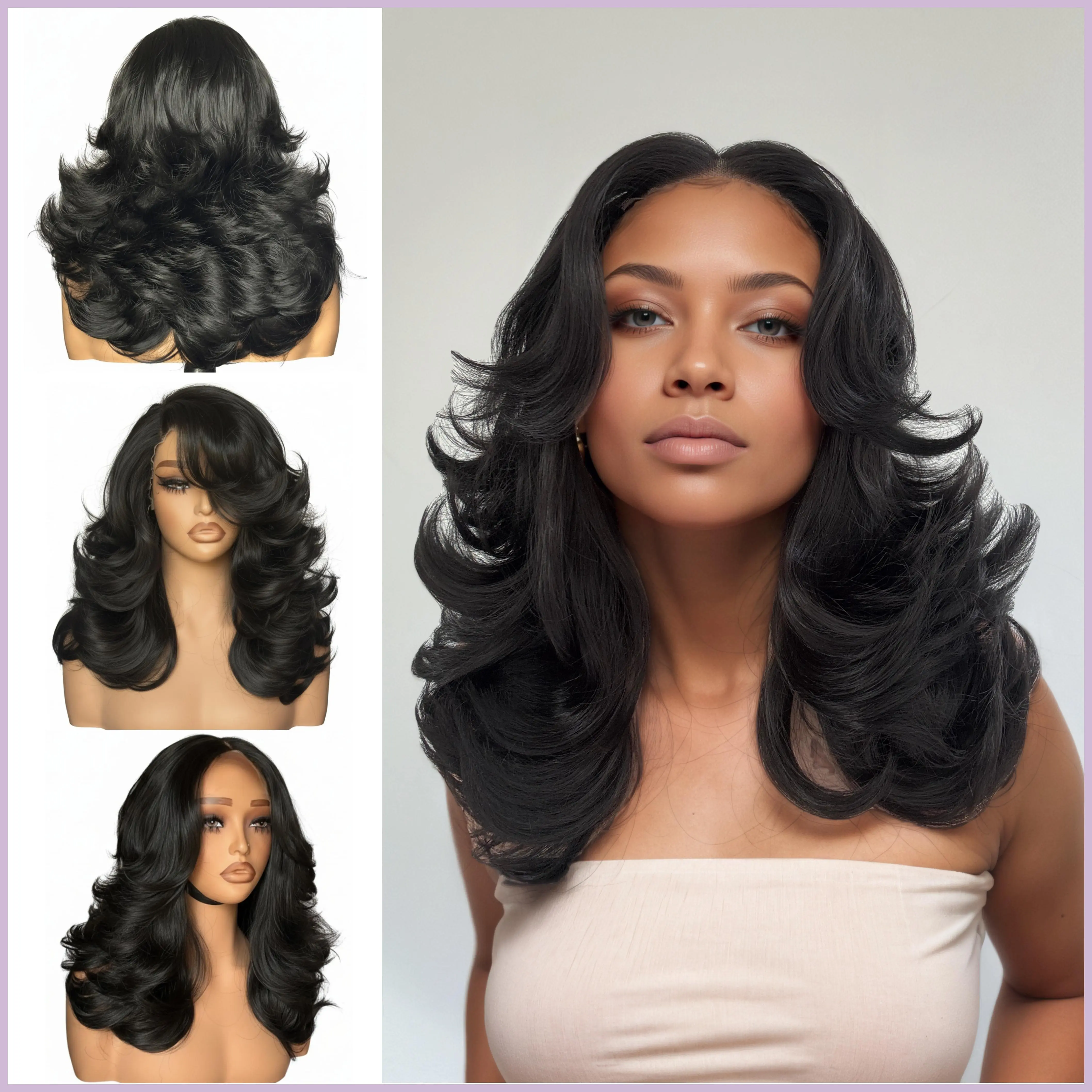 [Detroit Layers] Beginher Hair Extra Full & Voluminous 20 Inches Middle Part Heat Resistance Fiber 250% Density Big-Head Friendly Kash Doll Curl Farrah Fawcett Layers 4x4 / T-Part Lace Synthetic Pre-Cut Glueless Wigs Natural Black Color SummerWins