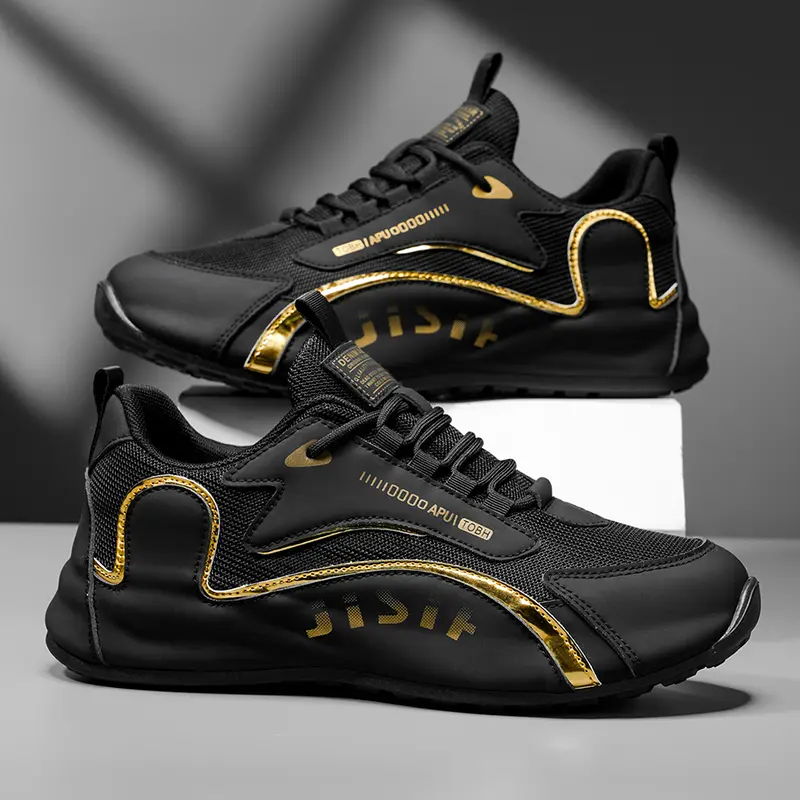 Men's Low-Profile Casual Sports Shoes, Breathable Mesh Sneakers with Gold Accents, Lightweight Walking Shoes for Gym and Daily Commute, Black