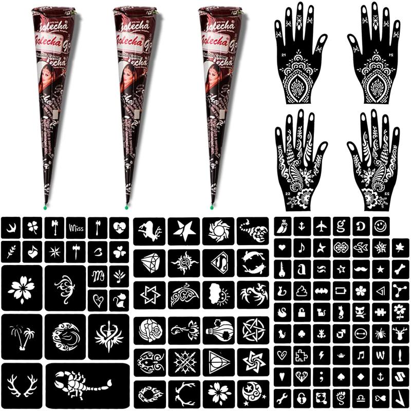 Moricher Temporary Tattoo Kits 3 Henna tattoo cones 101 Stencils Semi Permanent Tattoo Markers Jagua Gel for Women Men Kids DIY Art Painting Party Gifts