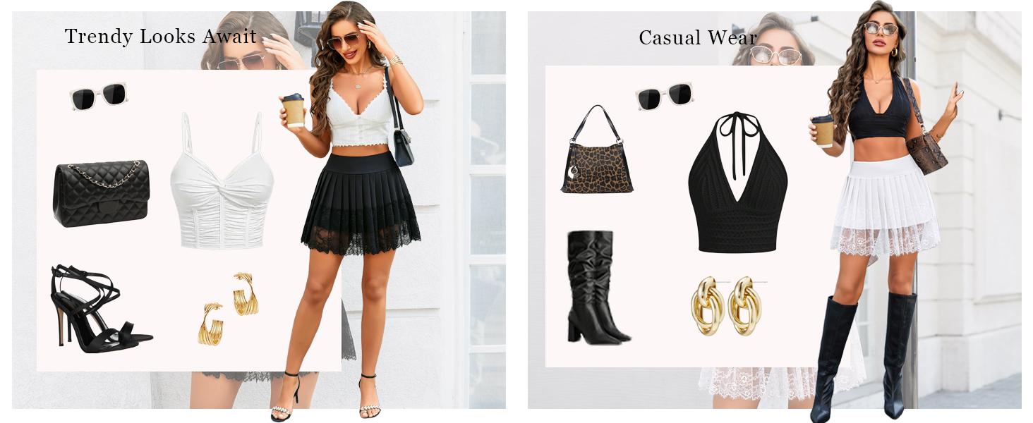 2026 NEW Womens Pleated Skirt Lace Mini Skirts Sexy High Waist Short Going Out Skirt,Women Y2k Mini Slip Skirt with Lace Trim Pleated Ruffle Short Skirts Flowy Club Night Skort Underskirt XS-XL