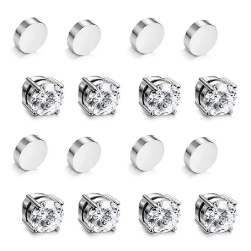 Stud Earrings Stainless Steel Magnetic Stud Earrings Fake Zirconia Diamond Earrings for Women Men Silver