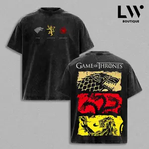Game of Thrones Vintage Washed T-Shirt Collection | House Stark Lannister Targaryen Graphic Tee | Oversized Fit | Heavyweight Cotton | Fantasy TV Series Streetwear | Unisex