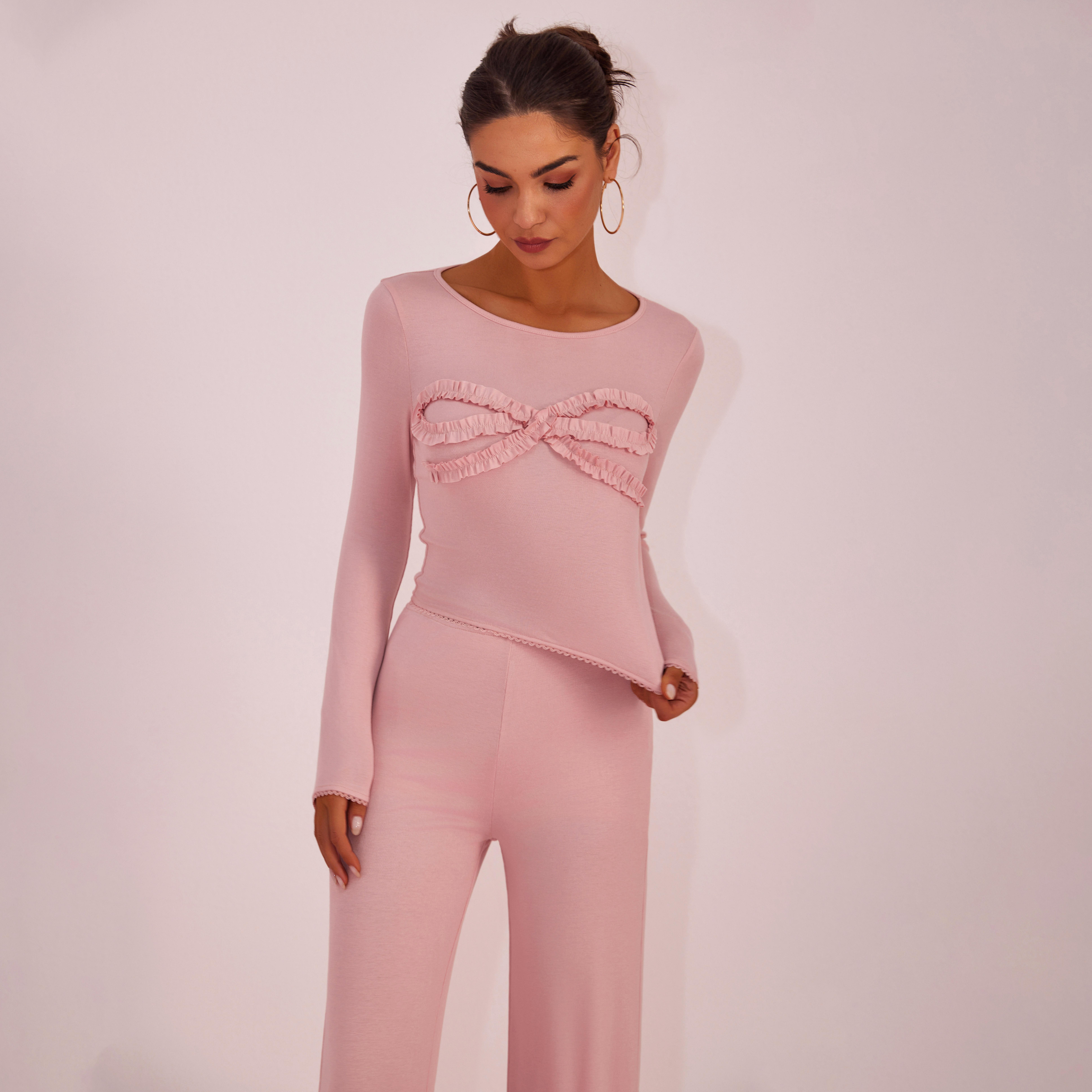 Joyfunear Solid Color Knitted Long-Sleeved Round Neck Top & Casual Straight-Leg Pants Set with Bow Decoration for Daily Wear