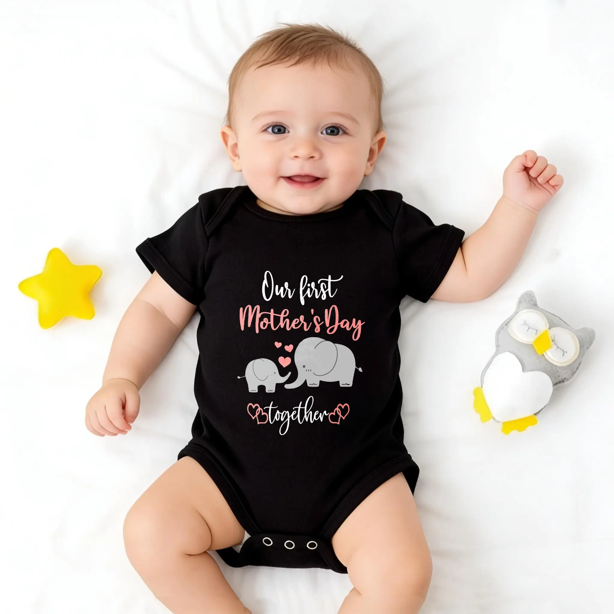 Our First Mother's Day Together Elephant Baby Bodysuit, Cute Mommy and Me Newborn Romper, 1st Mother's Day Gift for Mom and Baby Girl