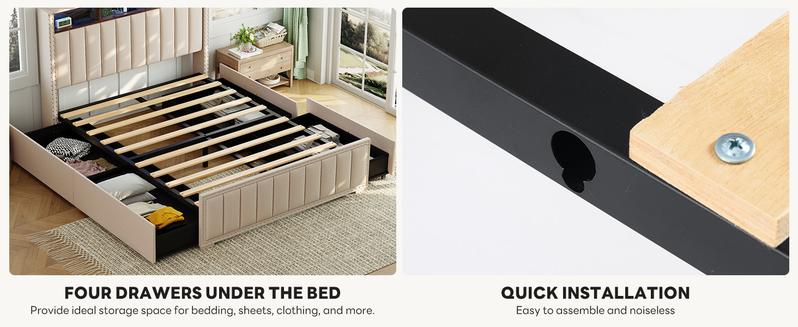 Upholstered Storage Bed Frame With LED Lights – 4 Built In Drawers & Headboard Charging Station – Modern Platform Bed For Small Bedroom And Master Suite