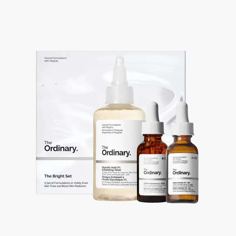 The Ordinary The Bright Set, 3-Step Regimen for Radiant, Even Skin Tone with Glycolic Acid 7% Exfoliating Toner, Alpha Arbutin 2% + HA, and Caffeine Solution 5% + EGCG | Skin Care Set