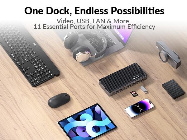 AV Access iDock B10 KVM Switch Docking Station for Laptop & Desktop, 8K@60Hz Dual Monitors, 100W Charging, High-Speed USB 3.2, 1G Ethernet, 4K@165/144/120Hz for Gaming