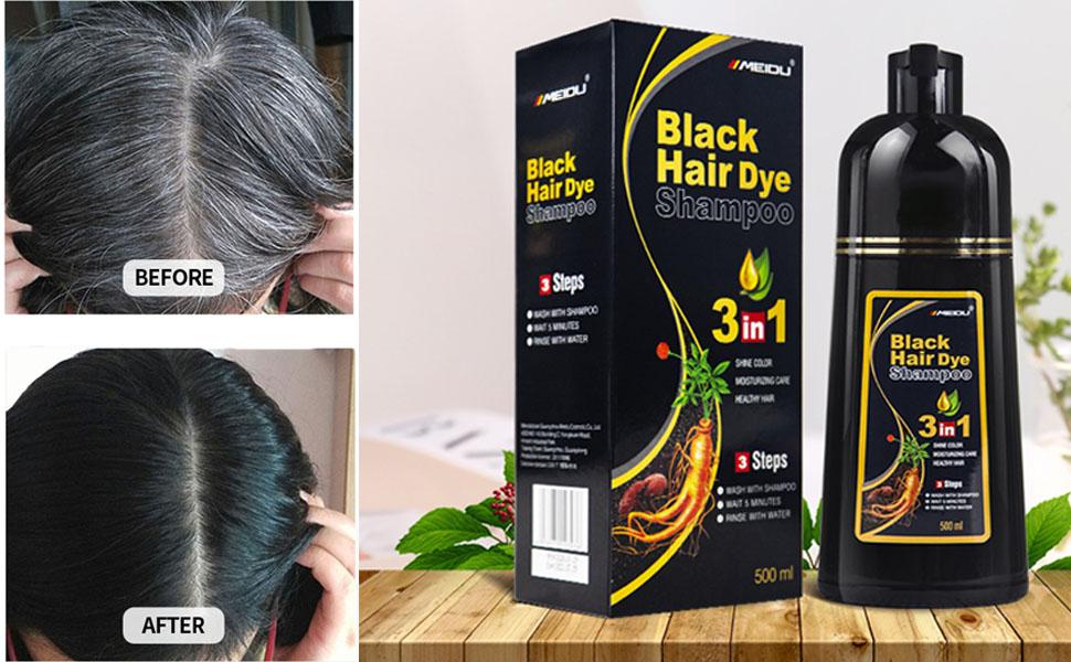 MEIDU Hair Dye Shampoo 3 in 1,Herbal Ingredients,Contains Ginseng Extract,Can cover gray hairs,Natural Haircoloring,Plant Haircare,black hairdye,Salon