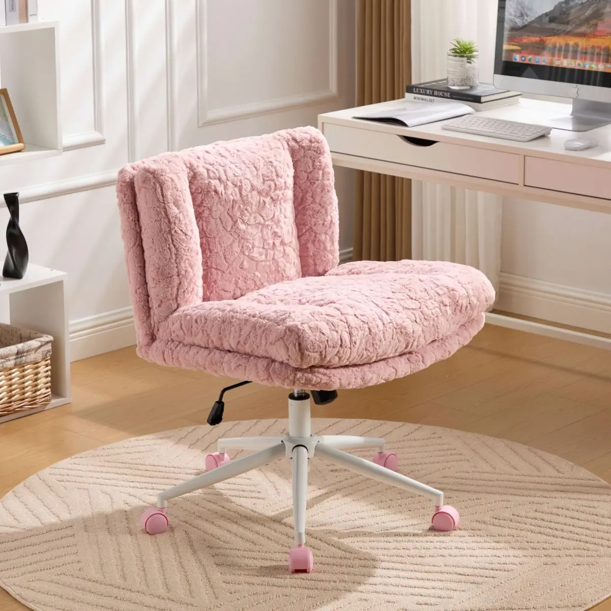 [Bellemave]Wider seat Office Chair,Artificial rabbit hair Home Office Chair with Metal Base,Adjustable Desk Chair Swivel Office Chair,Vanity Chair(Pink),SW1875PK