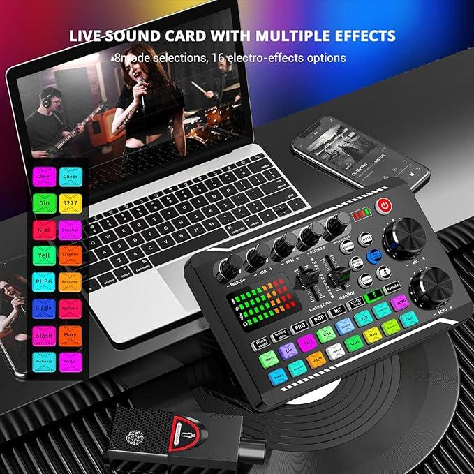 Professional Audio Mixer, SINWE Live Sound Card and Audio Interface with DJ Mixer Effects and Voice Changer,Podcast Production Studio Equipment, Prefect for Streaming/Podcasting/Gaming
